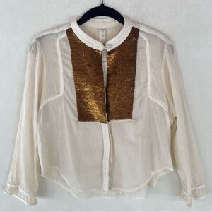 Free People New Romantics Cream Bronze Sequin 3/4 Sleeve Semi Sheer Top SP Boho